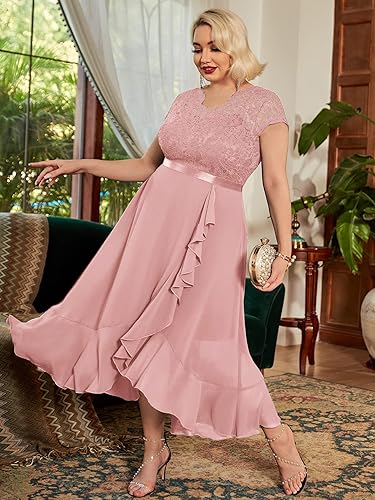 Miniatura 3 de Miusol - Vestido largo de mujer con vuelos de encaje floral y cuello en V para damas de honor, talla grande