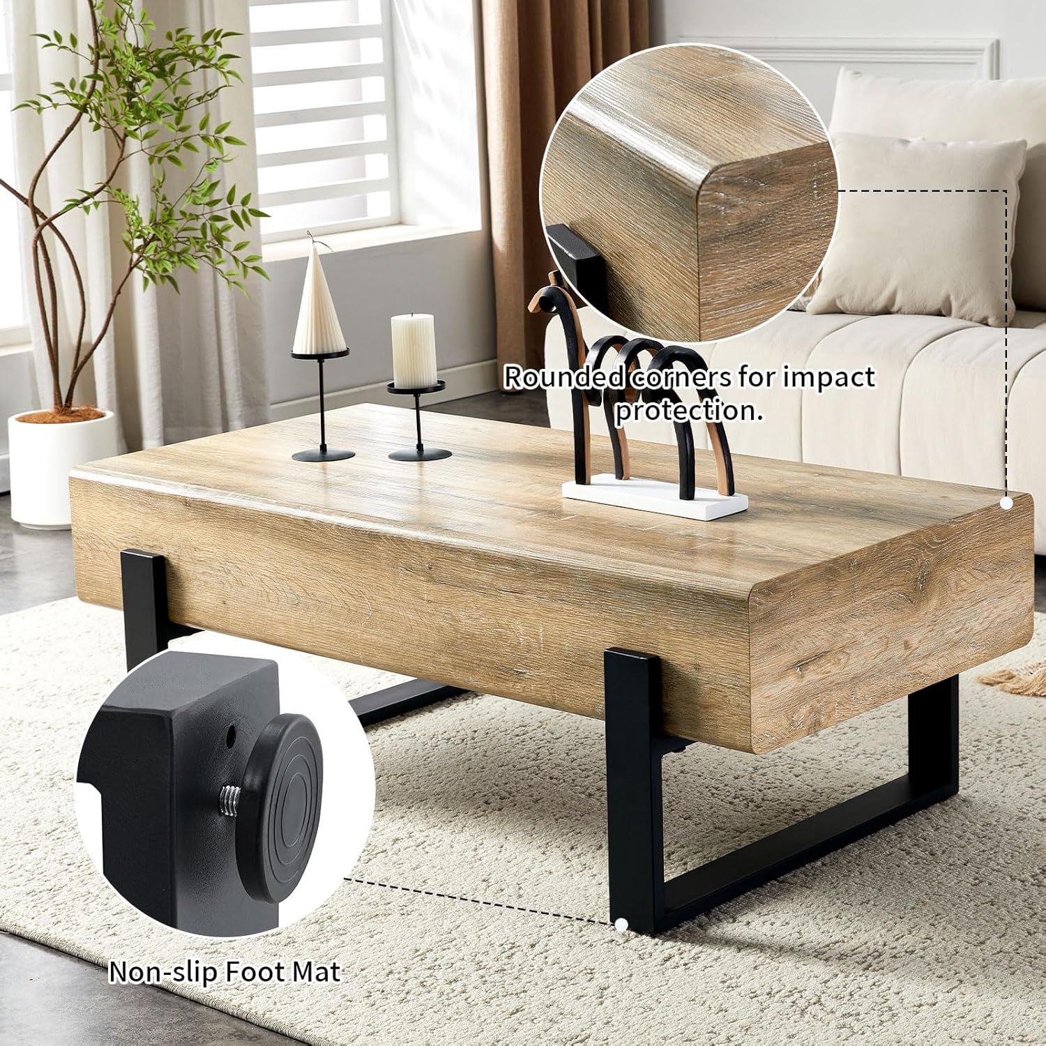 47.24" Rectangle Coffee Table, Wood Coffee Table Center Table with 7.8" Thick Tabletop Metal Legs Rounded Corners for Living Room Office, Natural Wood