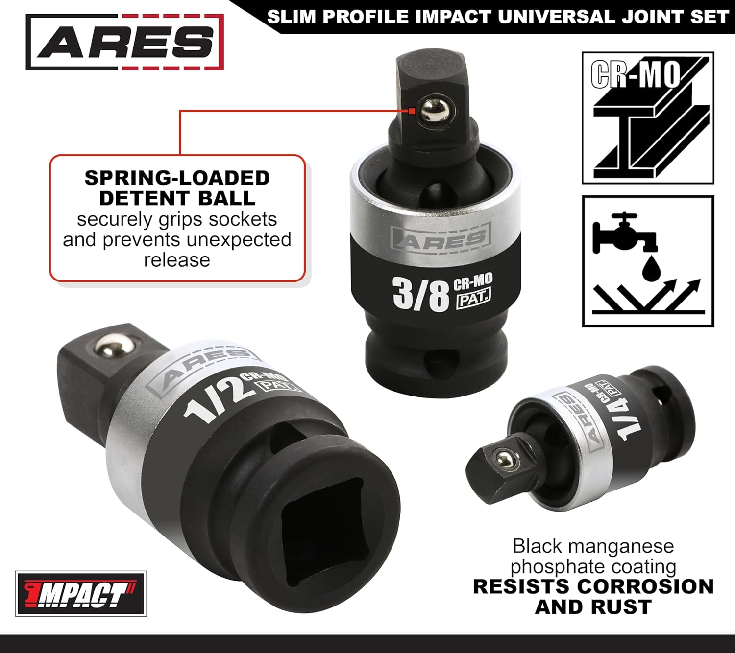 ARES 22036-3-Piece Slim Profile Impact Universal Joint Set - 1/4-Inch, 3/8-Inch and 1/2-Inch Drive Chrome Moly Steel Impact Grade U-Joint Sockets – Slim Body Profile for Superior Access