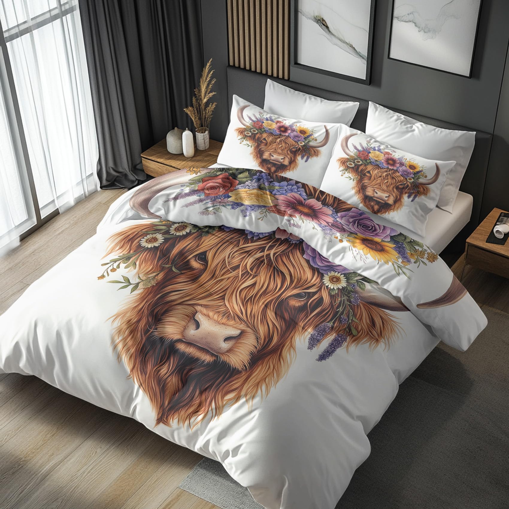 Highland Cow Duvet Cover Super King Bedding Set, Farm Animal Pattern, Reversible Design Bedroom Decor Bed Quilt Cover with 2 Pillowcases, Microfiber, Zip - SMK5170