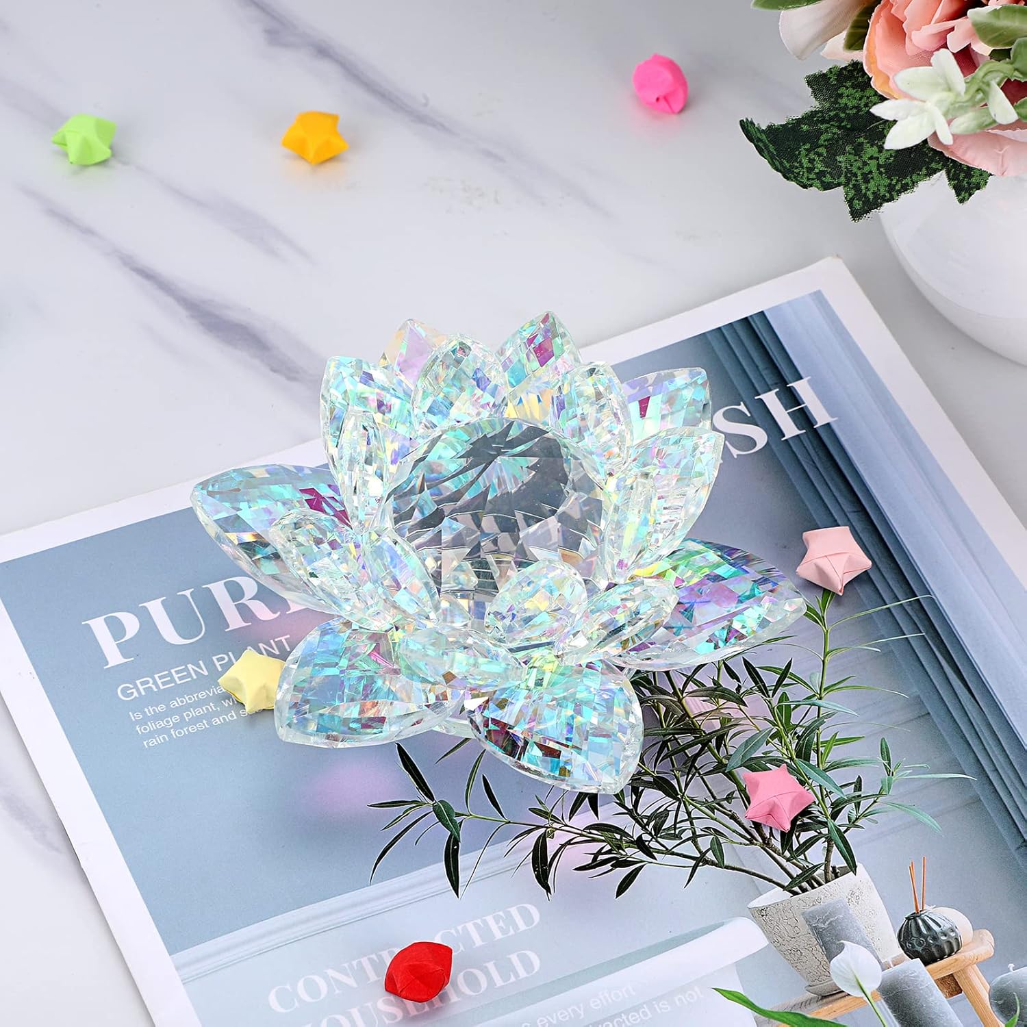 OwnMy Sparkle Crystal Lotus Flower Figurines Decorative Lotus Flower Ornament, 5 Inch Glass Lotus Feng Shui Decor Crystal Flower Paperweight for Home Office Tabletop Centerpieces - Image 6