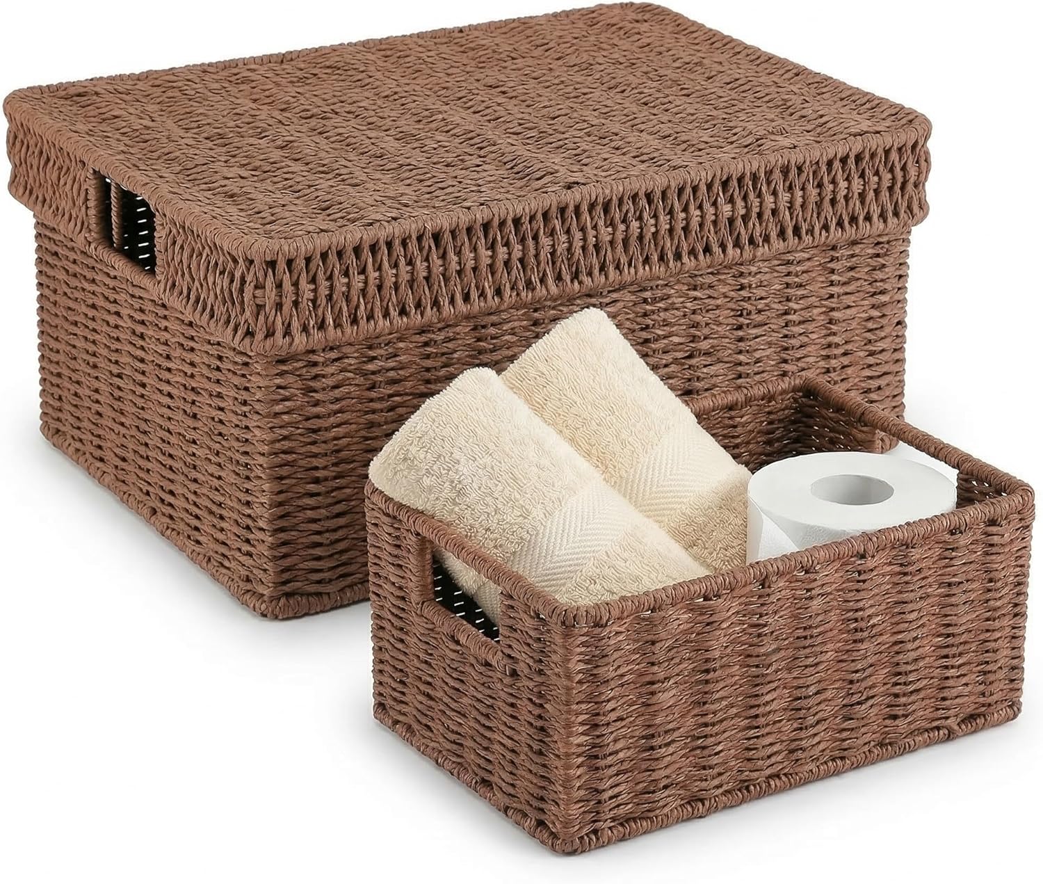 Wicker Storage Basket with Lid - Woven Basket for Storage,Rectangular Decorative Boxes Bins with Lids for Shelves,living room, Nursery, 2 baskets+1 lid(Dark Brown)