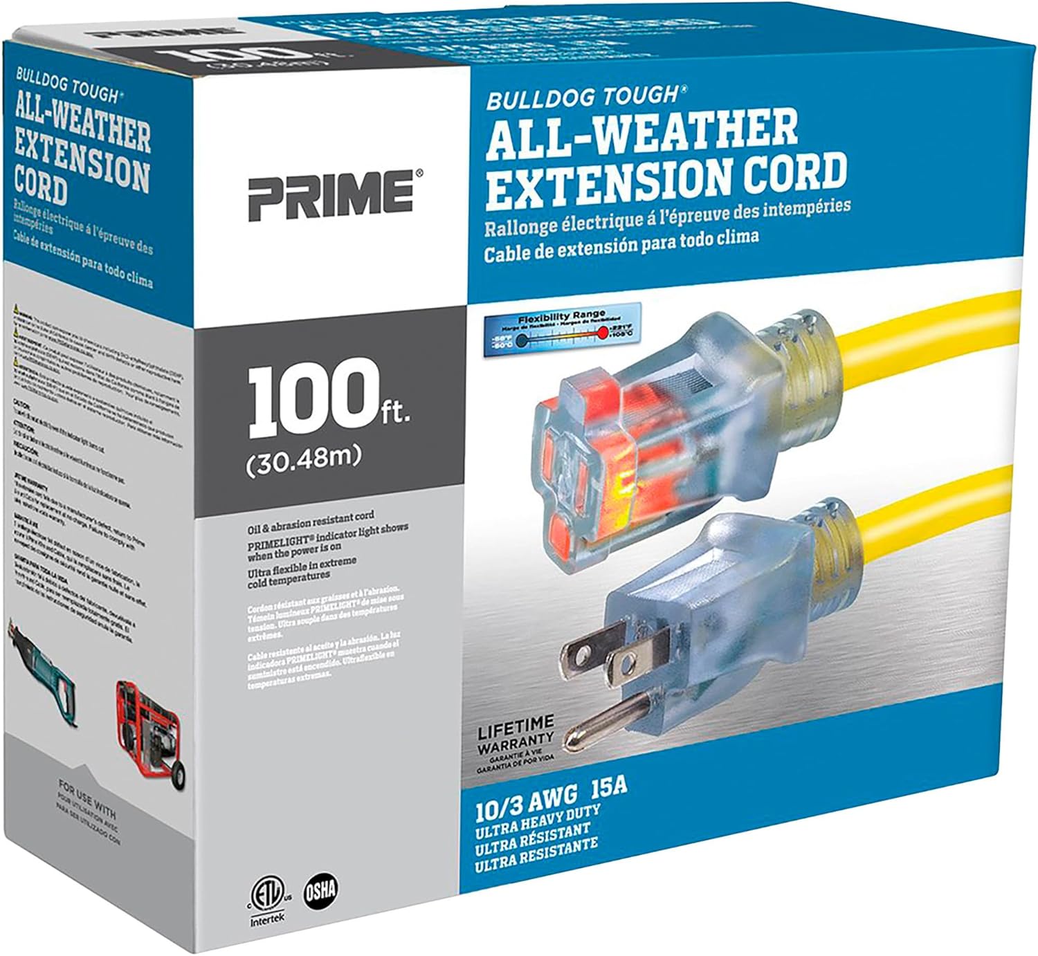Prime LT511935 100-Foot 10/3 SJTOW Bulldog Tough Ultra Heavy Duty Extension Cord with PrimeLight Indicator Light, Yellow