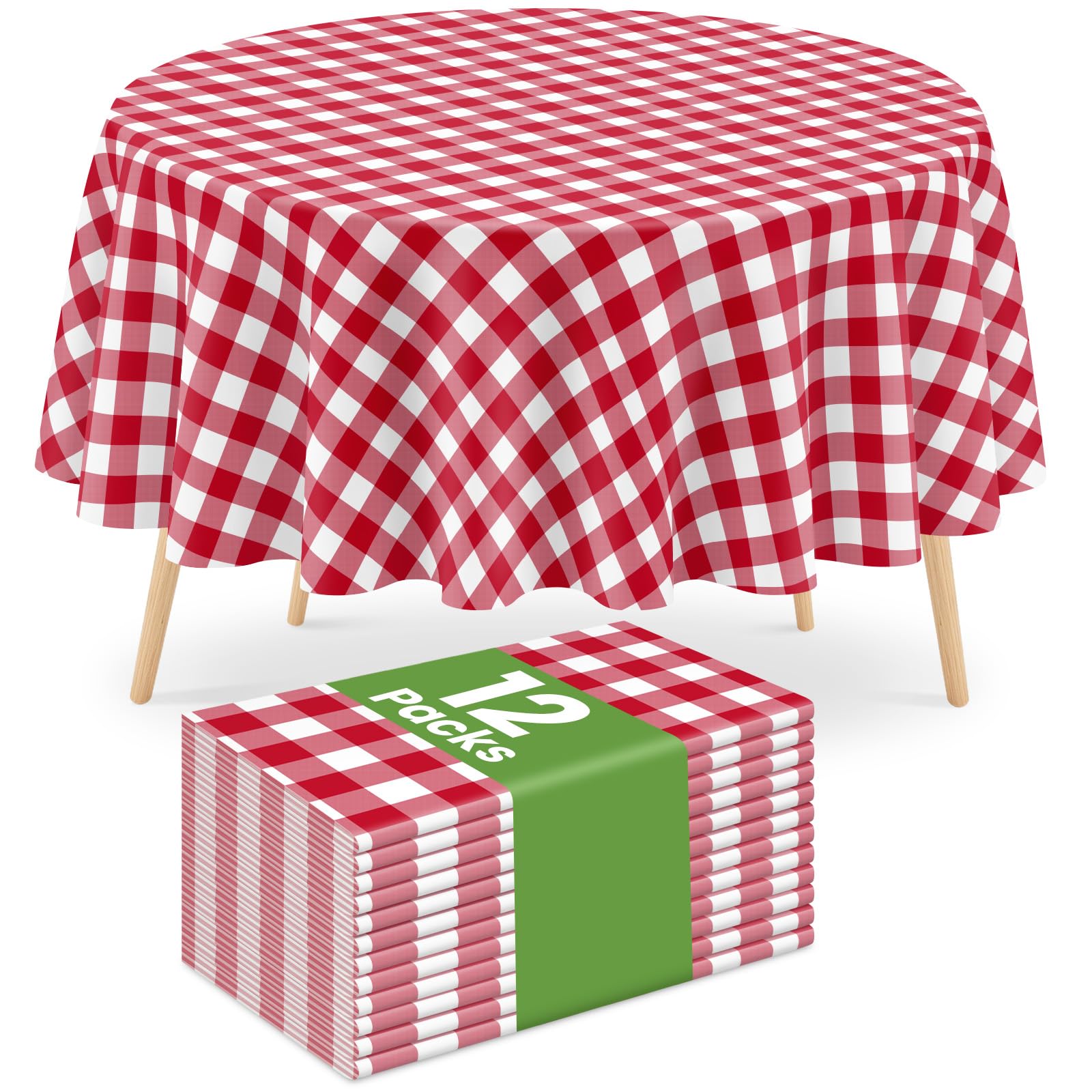 Mulbozy 12 Pack Red Gingham Round Plastic Tablecloth 84 Inch for Picnic