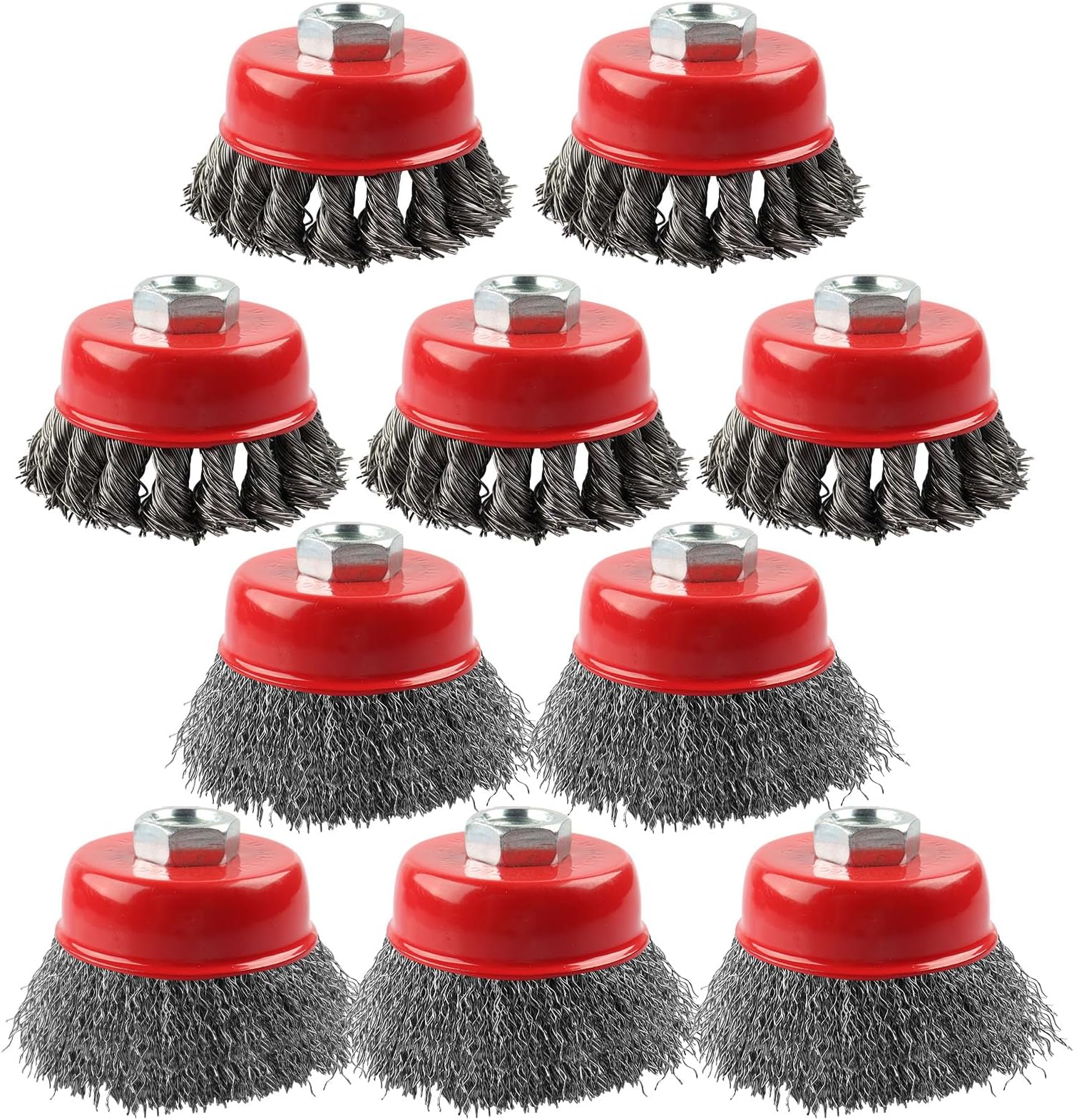 Rocaris 10 Pack Wire Cup Brush for Grinders, Wire Wheels for 4 1/2 Angle Grinder, 3 Twisted Knotted & Coarse Crimped Cup Brush