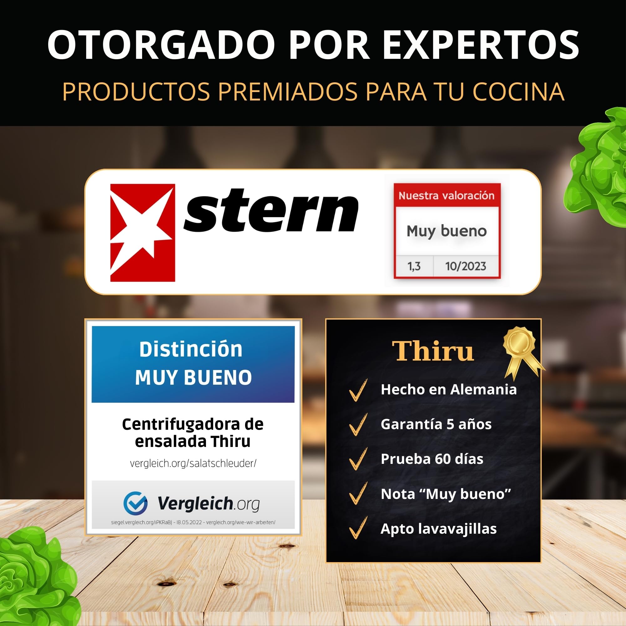 Centrifugadora de ensalada Premium 5 L – 60 días sin riesgo – 2 en 1 antideslizante: centrifugadora + bol – Ø 24,5 cm – libre de BPA – lavavajillas – para secar ensalada/lechuga – eBook incluido