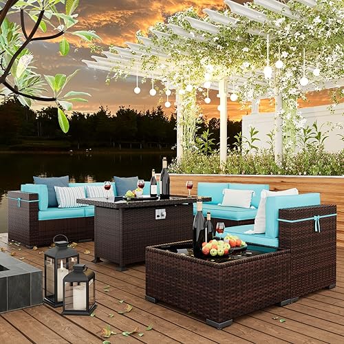 Miniatura 2 de Amopatio Juego de muebles de patio de 8 piezas para exteriores con mesa de fogata de gas juego de conversación de pozo de mimbre de PE muebles