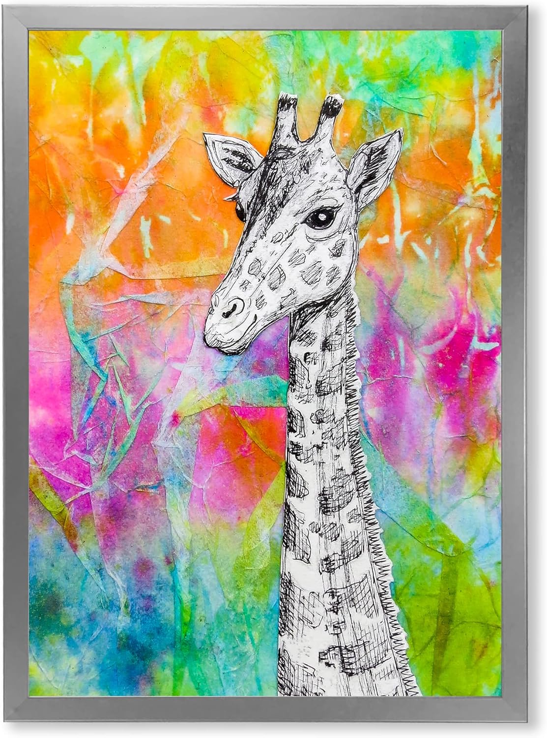 DesignQ White Giraffe Drawing On Bright Rainbow Children's Art Framed Wall Art