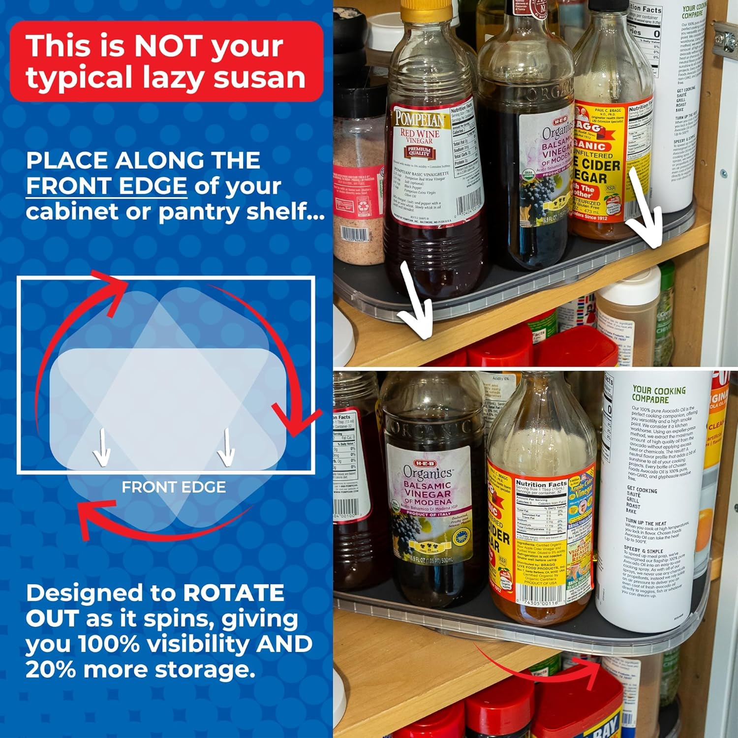 Lazy Susan Organizer for Cabinet Steel-Reinforced Rotating Kitchen Organizer Lazy Susan Turntable – Rectangular Turntable for Kitchen Cabinets – Holds Up to 30 lbs with Non-Slip Mat for Pantry Storage - Image 2