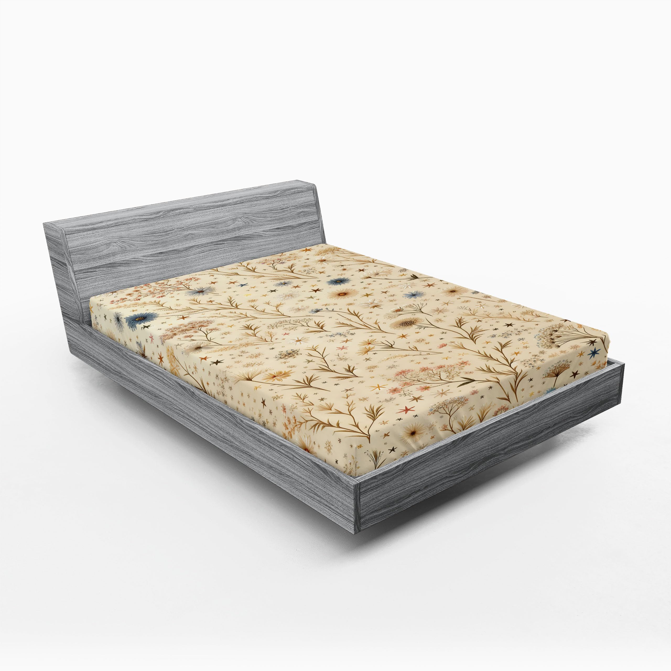 Ambesonne Floral Dream 2 Pack Fitted Sheet, Earthy Leaves Stars, Bed Cover All-Round Elastic Deep Pockets 2 Pieces, Package Contains 2 Full Size Fitted Sheets, Pastel Brown Slate Blue