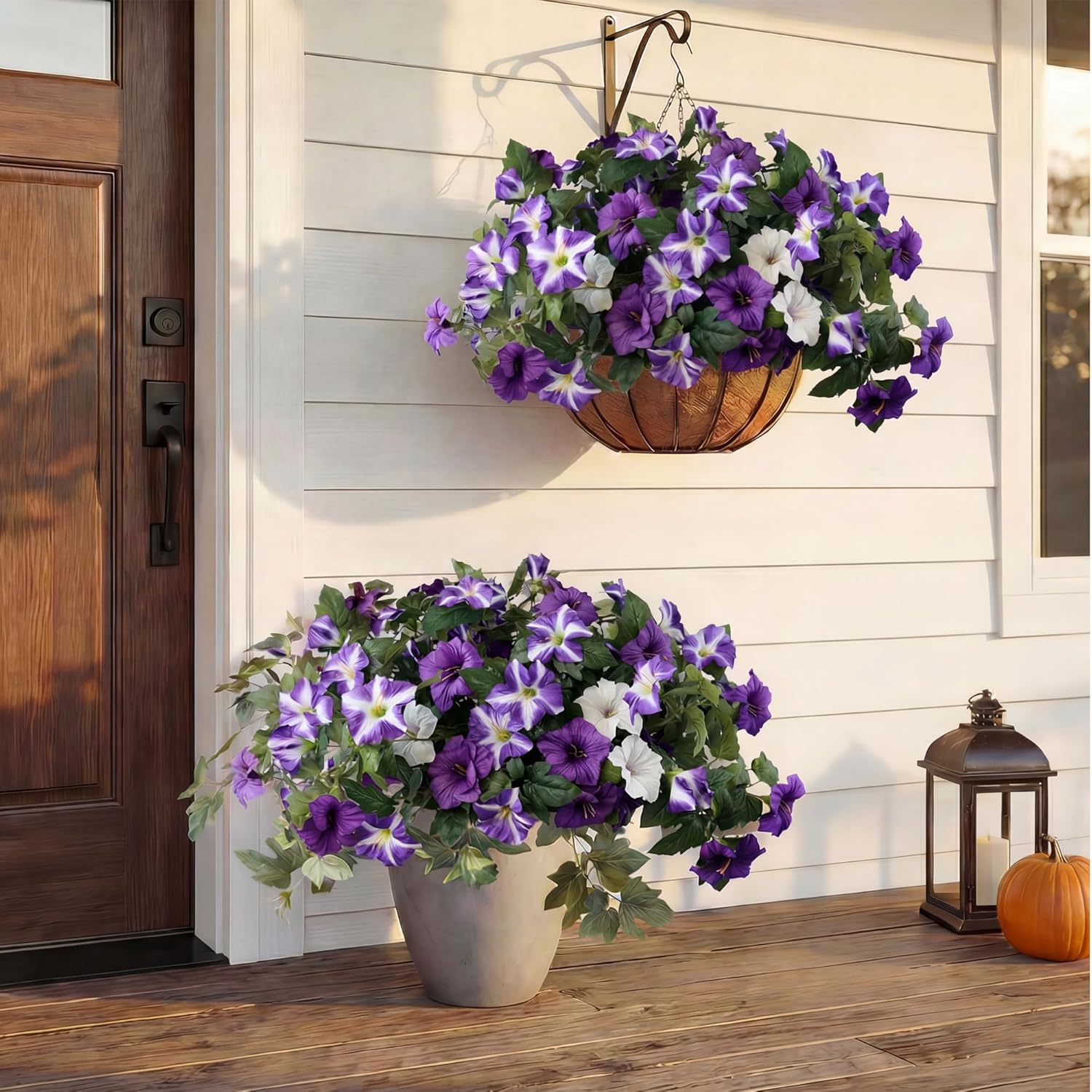 Artificial Flowers Plants for Outdoors, 2PCS Faux Petunias Silk Fake Flower UV Resistant No Fade for Home Outside Garden Balcony Yard Porch Realistic Indoor Decor (Purple White)