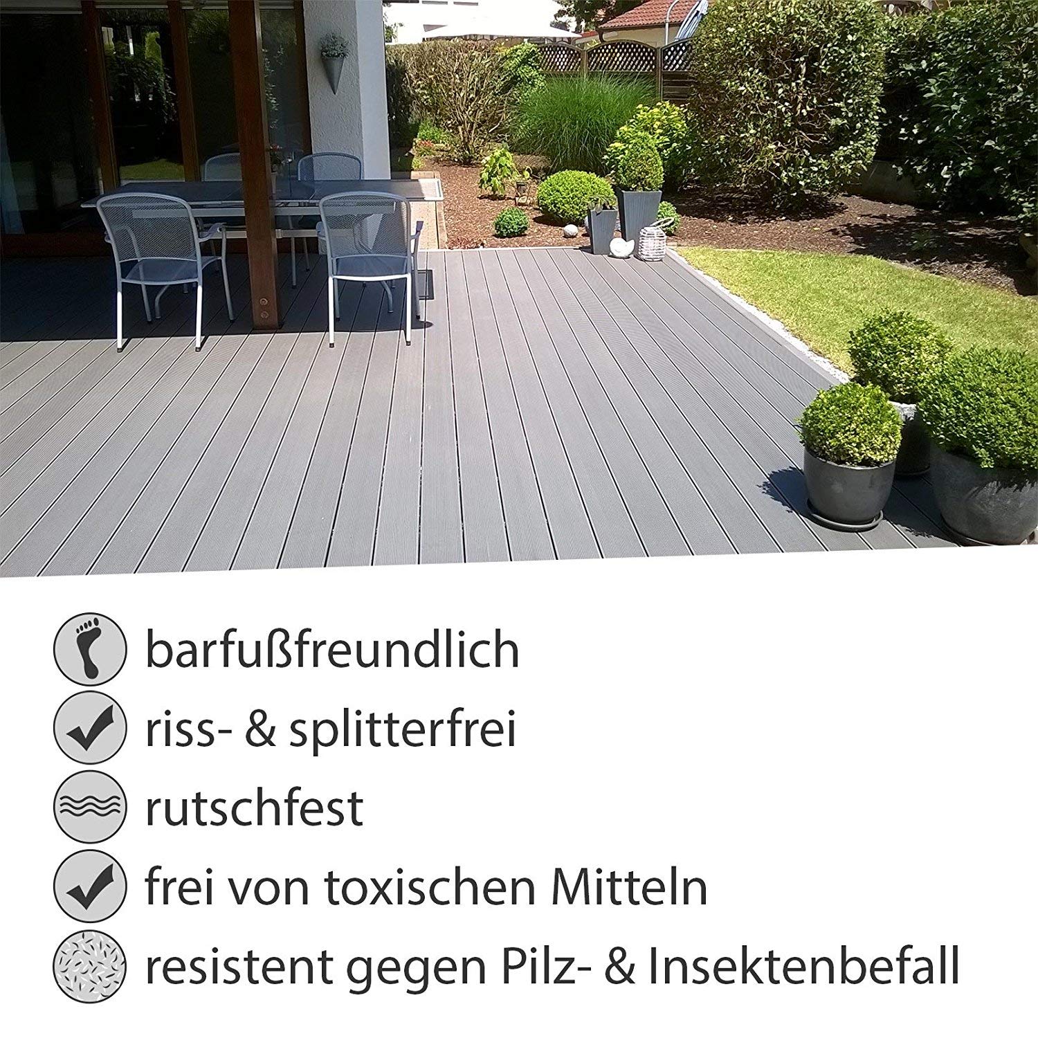 WPC Terrassendielen Massiv Dielen - Komplett-Set Dunkelbraun | 10 m² (5m x 2m) Holz-Brett Dielen | Boden-Fliesen + Unterkonstruktion & Clips | Balkon Boden-Belag + rutschfest + witterungsbeständig