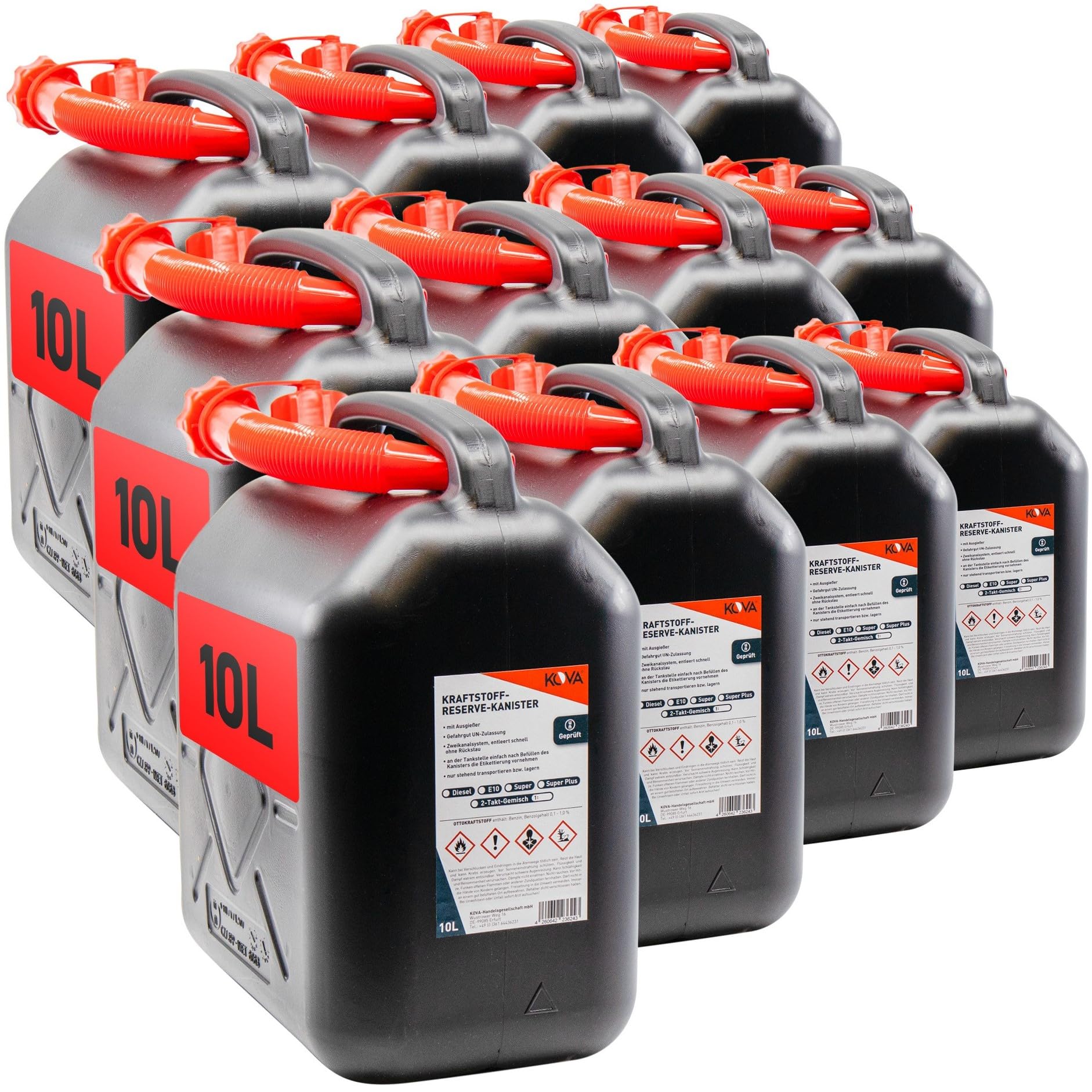 KOVA 13x Benzinkanister 10L SCHWARZ Kunststoff Dieselkanister Reservekanister Kraftstoffkanister 10 Liter Wasserkanister für Benzin Diesel Wasser AdBlue 10-Liter-Kanister & Außgießer 10 ltr Petrol Can