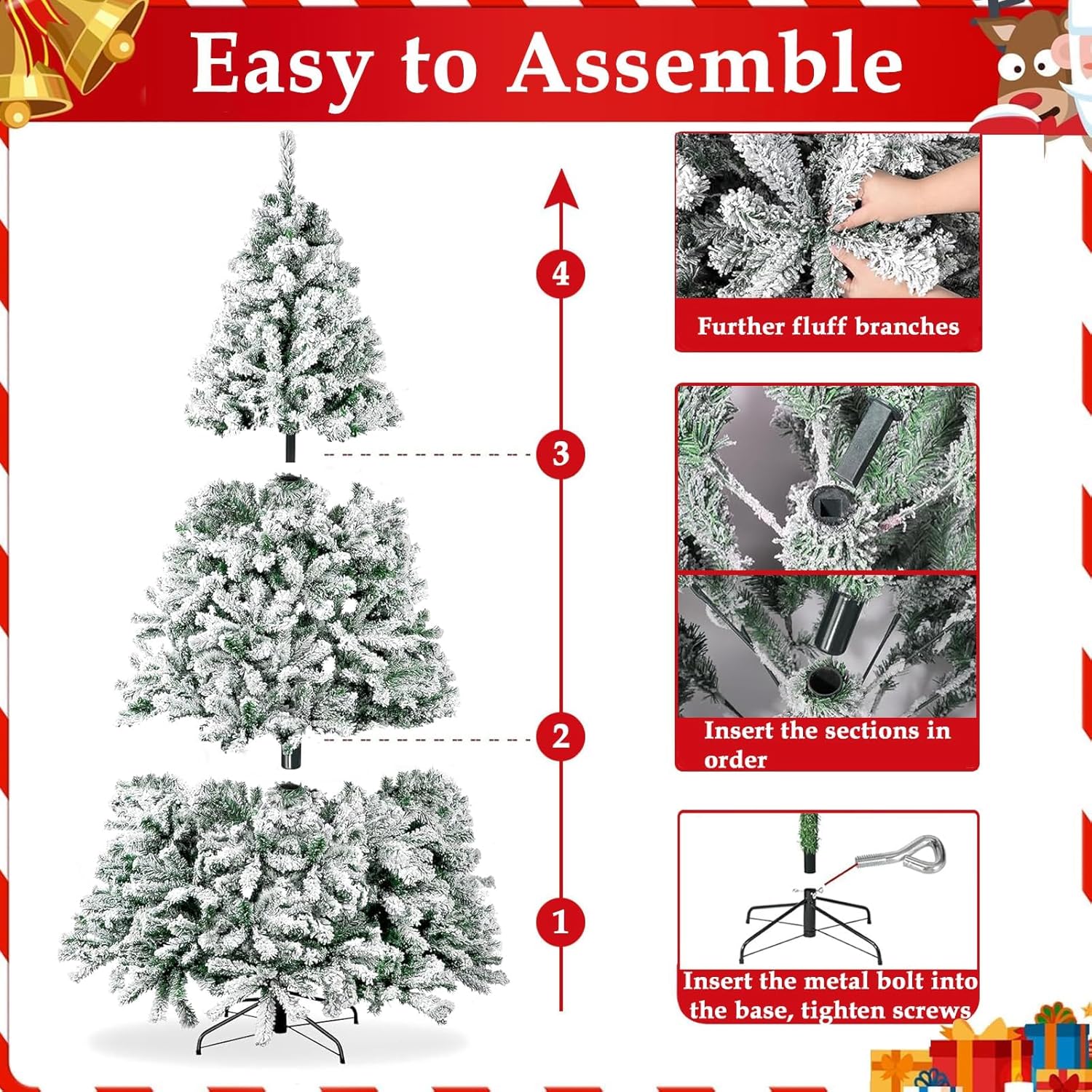 Fenbeli 6FT Snow Flocked Pre Lit Christmas Tree with 250 Colorful LED Lights Full Artificial Xmas Tree 1000 Branch Tips Hinged PVC Evergreen with Metal Stand for Indoor Holiday Home Decoration
