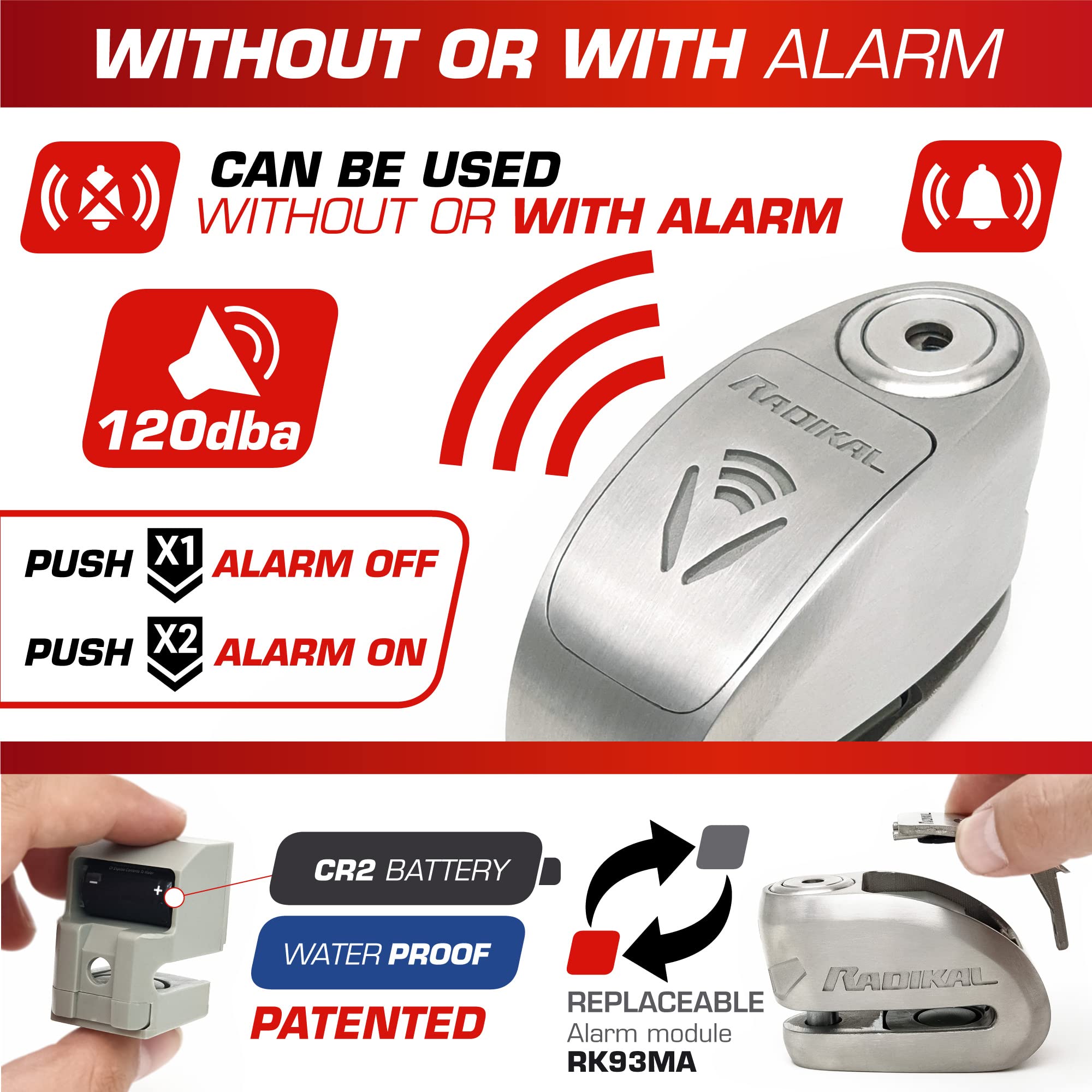 RADIKAL RK910S Candado Moto Disco Alarma X2-ON, Homologado Sra, Cerradura Alta Seguridad Antitaladro y Antiganzúa, Doble Cierre 10mm, Pila Larga Duración, Acero Inoxidable, Pinza Antirrobo Scooter