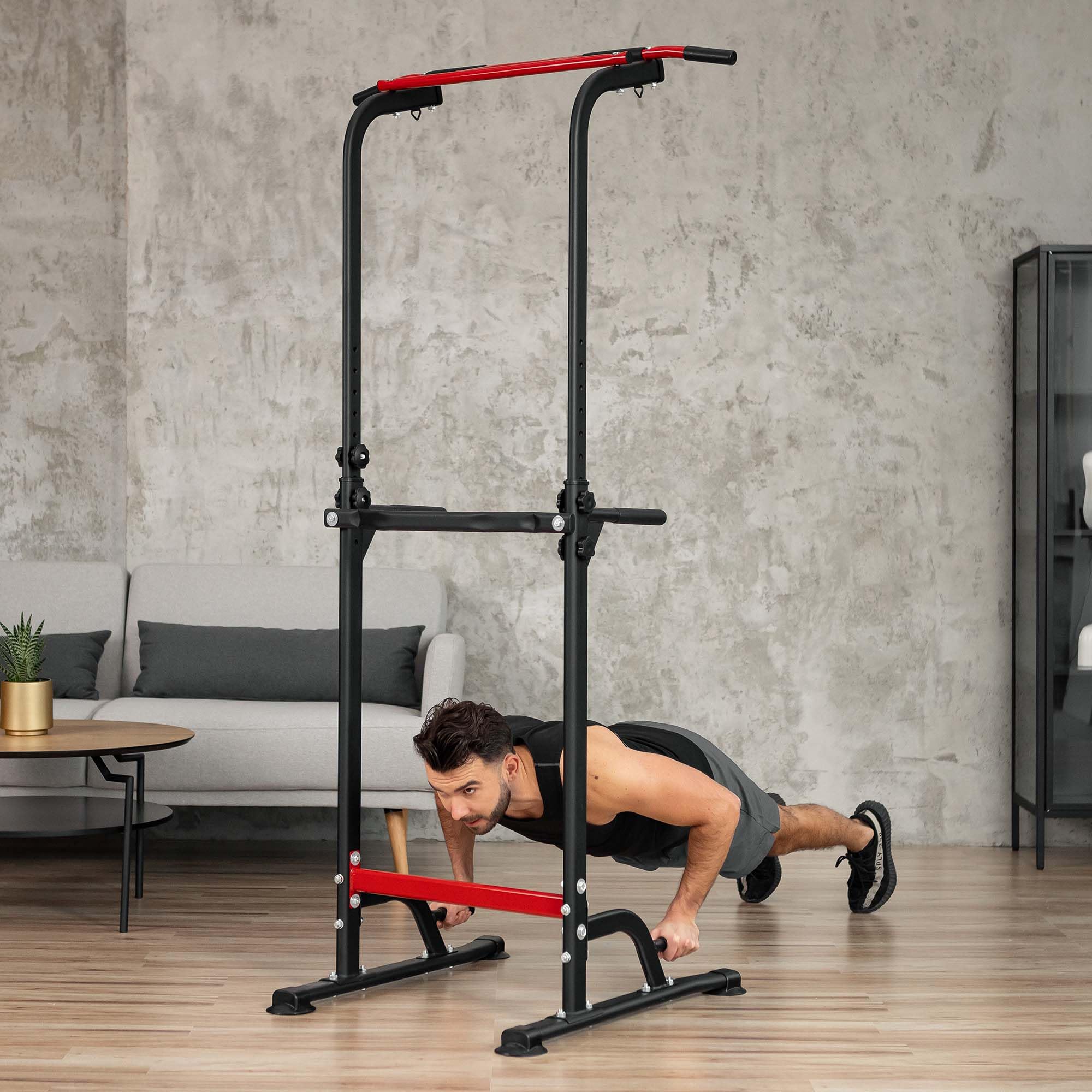 HOP-SPORT® Power Tower HS-2012K avec Station de dips, Tour de Musculation Multifonction Complet avec Barre de Traction réglable, Chaise Romaine avec Charge Max. 150 kg
