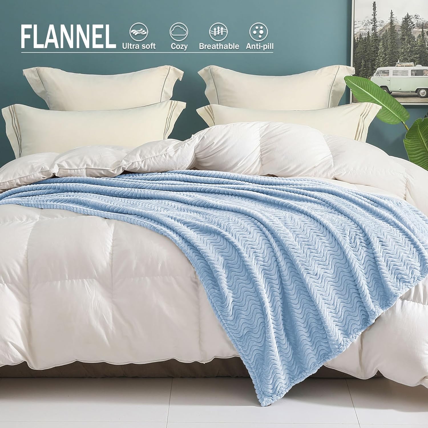 Exclusivo Mezcla Fleece Throw Blanket for Couch, Cozy Lightweight Blankets for All Season, Decorative Giftable Fuzzy Plush Wave Textured Throws for Women, Men, Light Blue, 50x70 Inches - Image 6