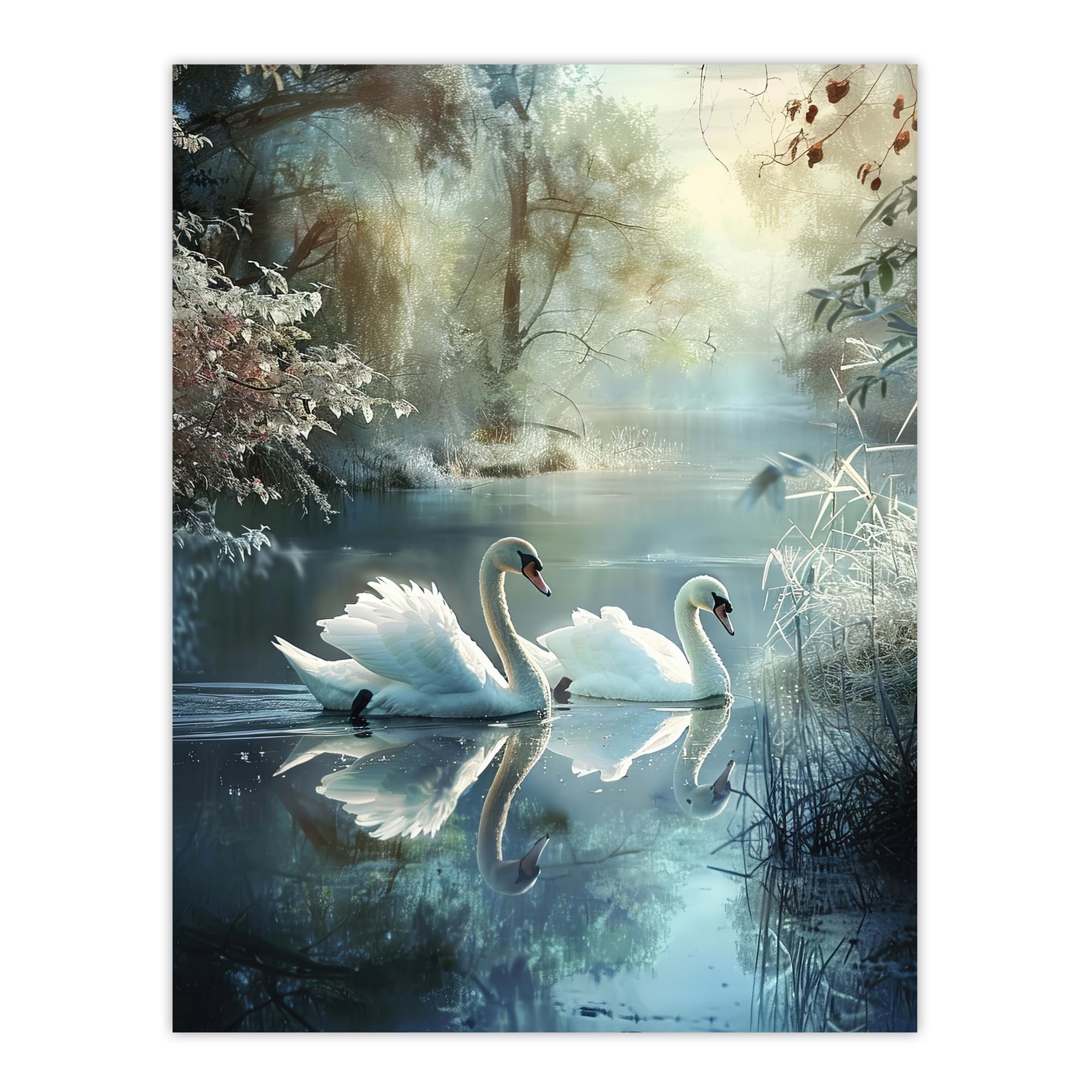 Artery8 Graceful Swans Tranquil Winter Lake Painting Living Room Large Wall Art Poster Print Thick Paper 18X24 Inch