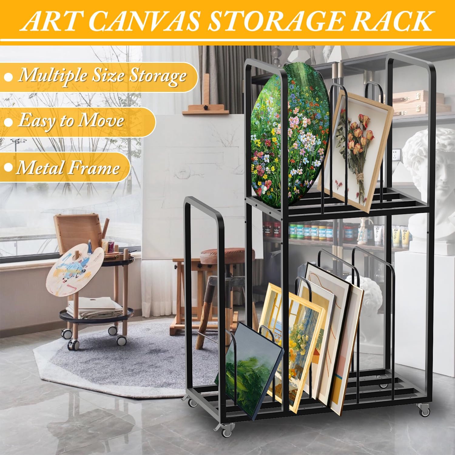 Art Canvas Storage Rack, Metal Art Drying Rack with Wheels, Adjustable Paint Drying Stand, Large Canvas Boards Rack for Classroom, Art Studios, Artwork, Schools, Gallery