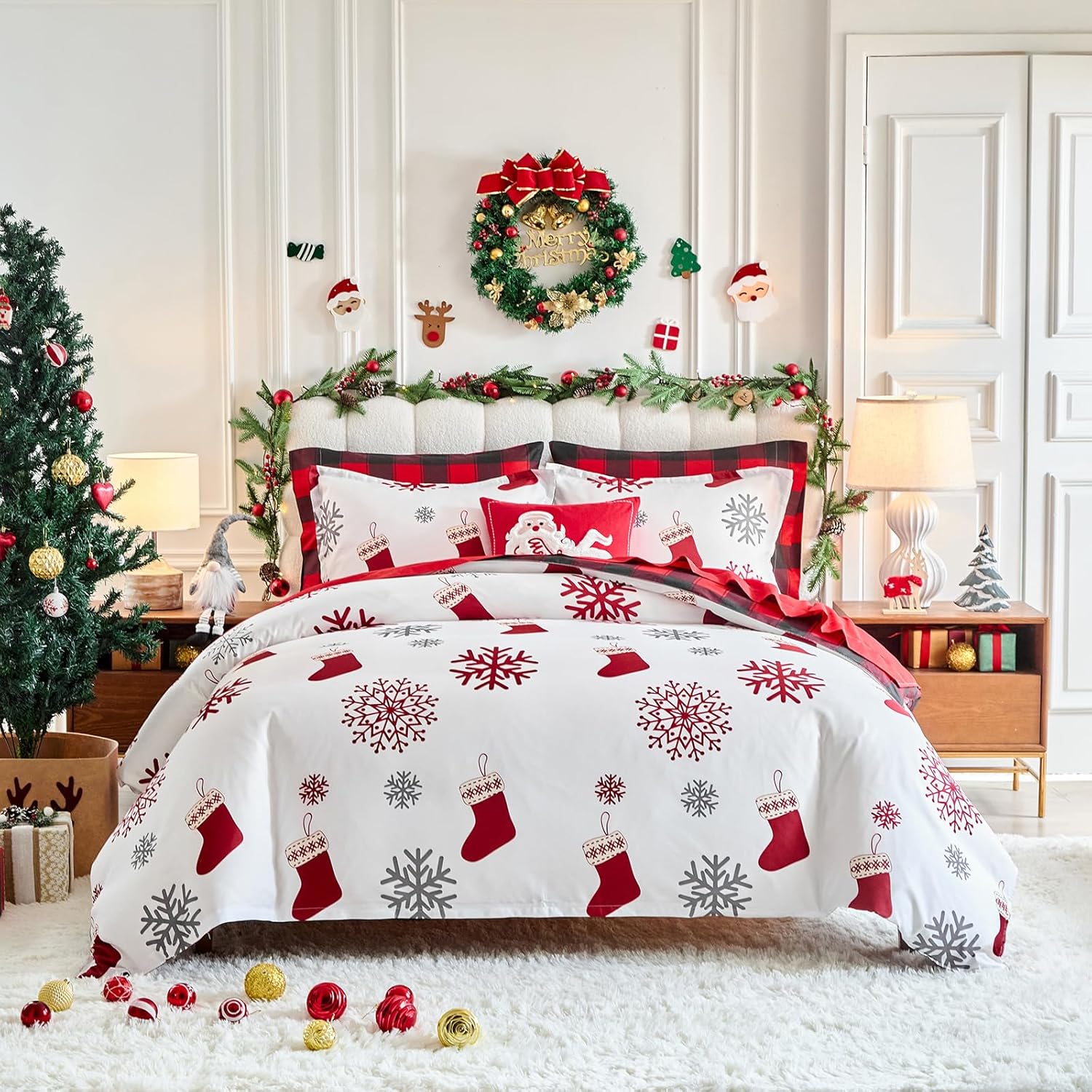 UOZZI BEDDING Christmas White Duvet Cover Set Queen Size 3 Pieces with Red Gray Snowflake and X-mas Gift Socks Holiday Style for New Year Gift Decor Choice with 2 Pillow Shams Corner Ties and Zipper
