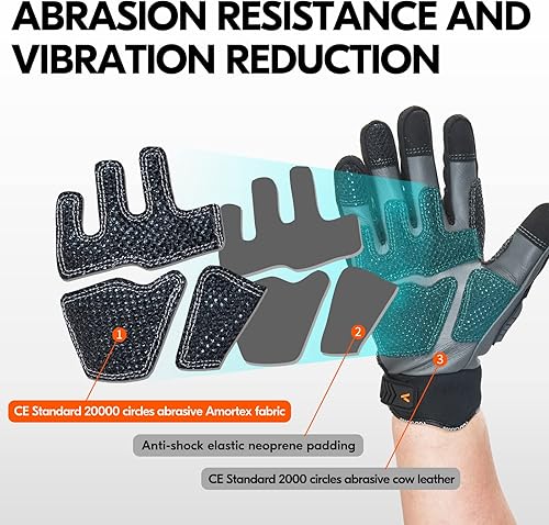 Miniatura 10 de Vgo... Guantes de trabajo de cuero de seguridad, guantes de mecánico, guantes de impacto, guantes antivibración, resistentes, resistentes al agua (1