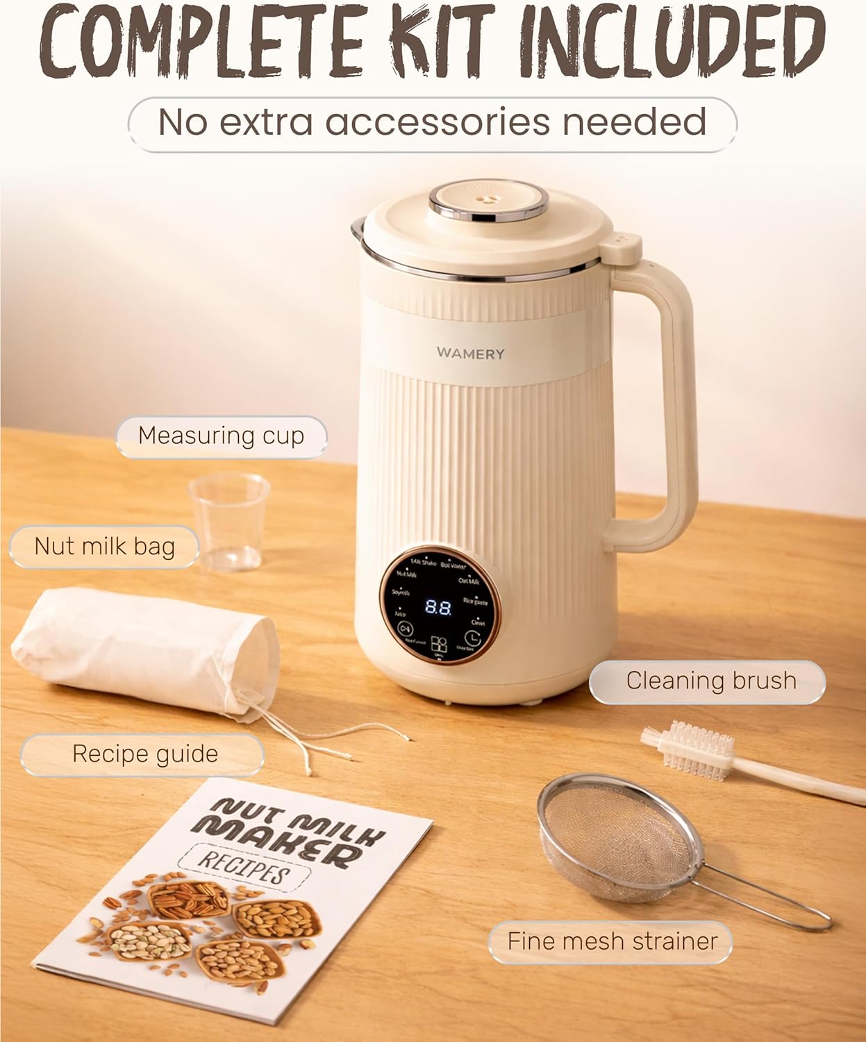 Wamery 32oz Nut Milk Machine (Cream) - Soy Milk Maker for Almond & Oat, Fruit Blender, Automatic Heated Programs, Self‑Cleaning, Delay Start, Keep Warm & Boil Water, 1‑Liter Capacity with Starter kit