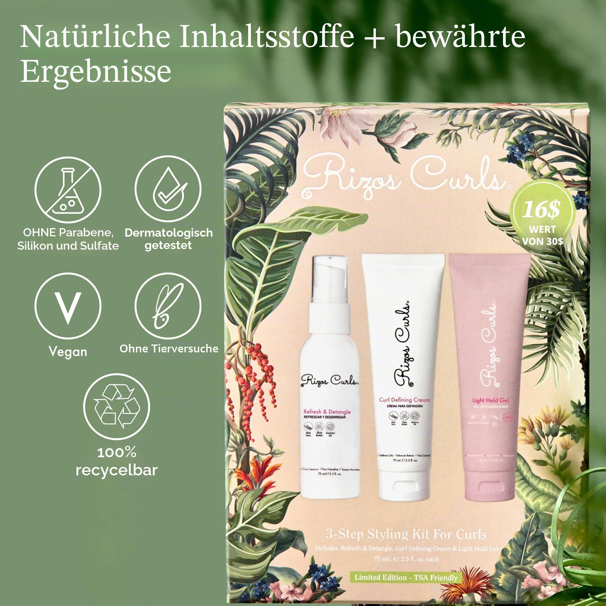 Rizos Curls 3-Stufen-Styling-Kit für Locken, strafft und definiert Locken, fügt Volumen und Halt hinzu, kontrolliert Frizz und Glanz