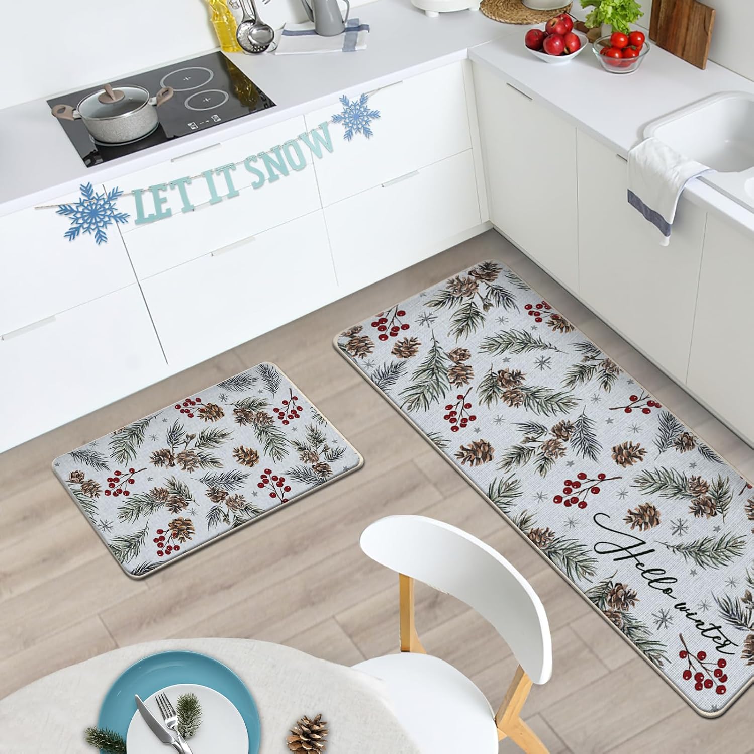 Hello Winter Pine Branches Kitchen Rugs Set of 2, Pine Cones Red Berries Floor Mats Home Decor, Farmhouse Christmas Snowflake Door Mat Decorations - 17x29 and 17x47 Inches