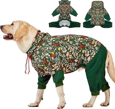 LovinPet Large Dog Onesies, UPF30+ Lightweight All-Season Dog Onesie with Hooded, Wound Care, Anxiety Onesie, Helps Contain Loose Fur, Dew & Moss Dark Green Print, L