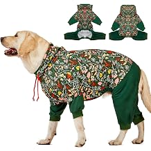 LovinPet Large Dog Onesies, UPF30+ Lightweight All-Season Dog Onesie with Hooded, Wound Care, Anxiety Onesie, Helps Contain Loose Fur, Dew & Moss Dark Green Print, L