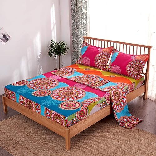 Pangzi Juego de sábanas retro bohemias, 1 sábana bajera, 1 plana, 2 fundas de almohada, 4 piezas (tamaño King, rosa rosa)
