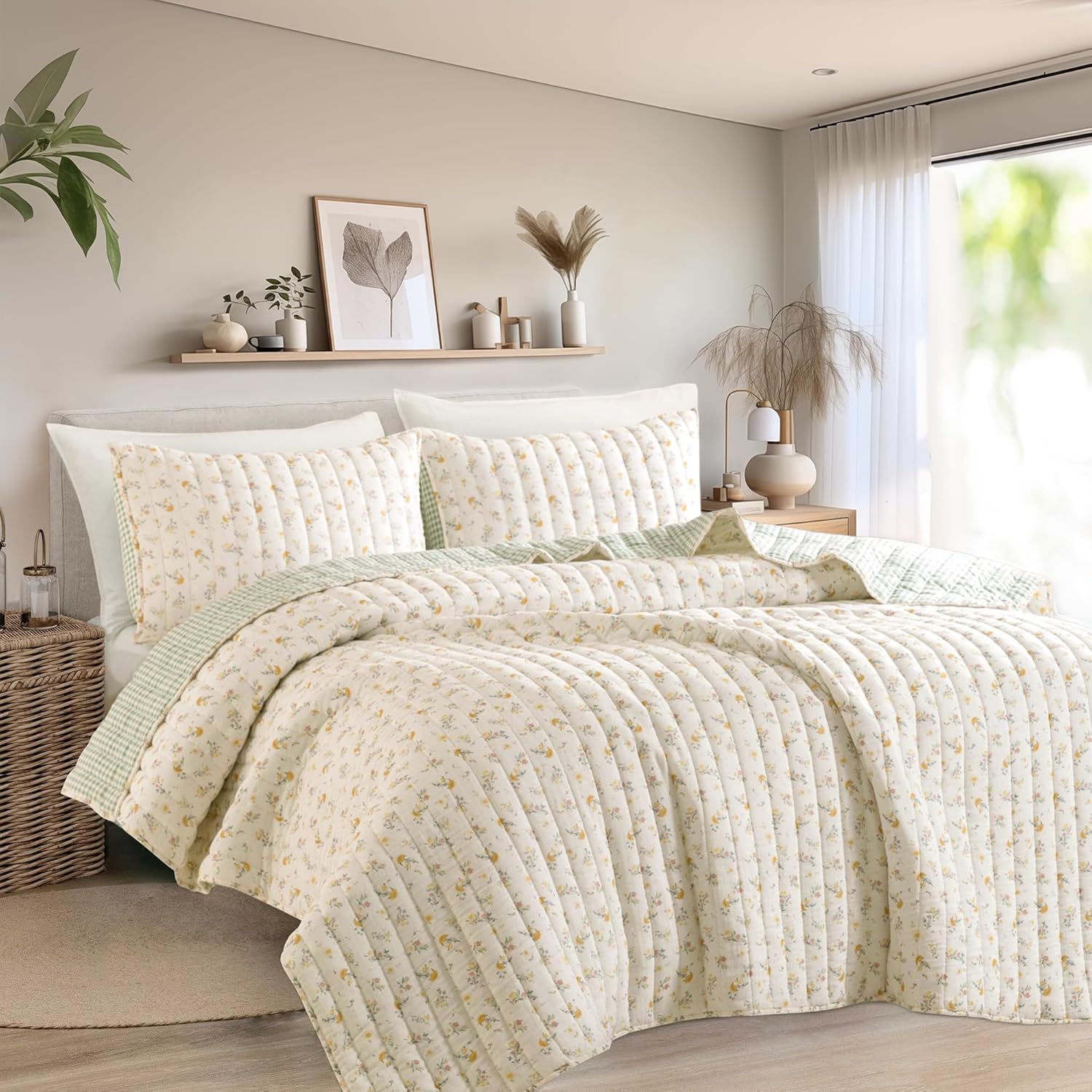 Wonderful Cotton Gauze Quilt Set Queen Size White Ditsy Floral Bed Cover for All Season, Reversible Voile Quilt Bedding Sets for Queen Bed, Floral Bedspread Coverlet Set