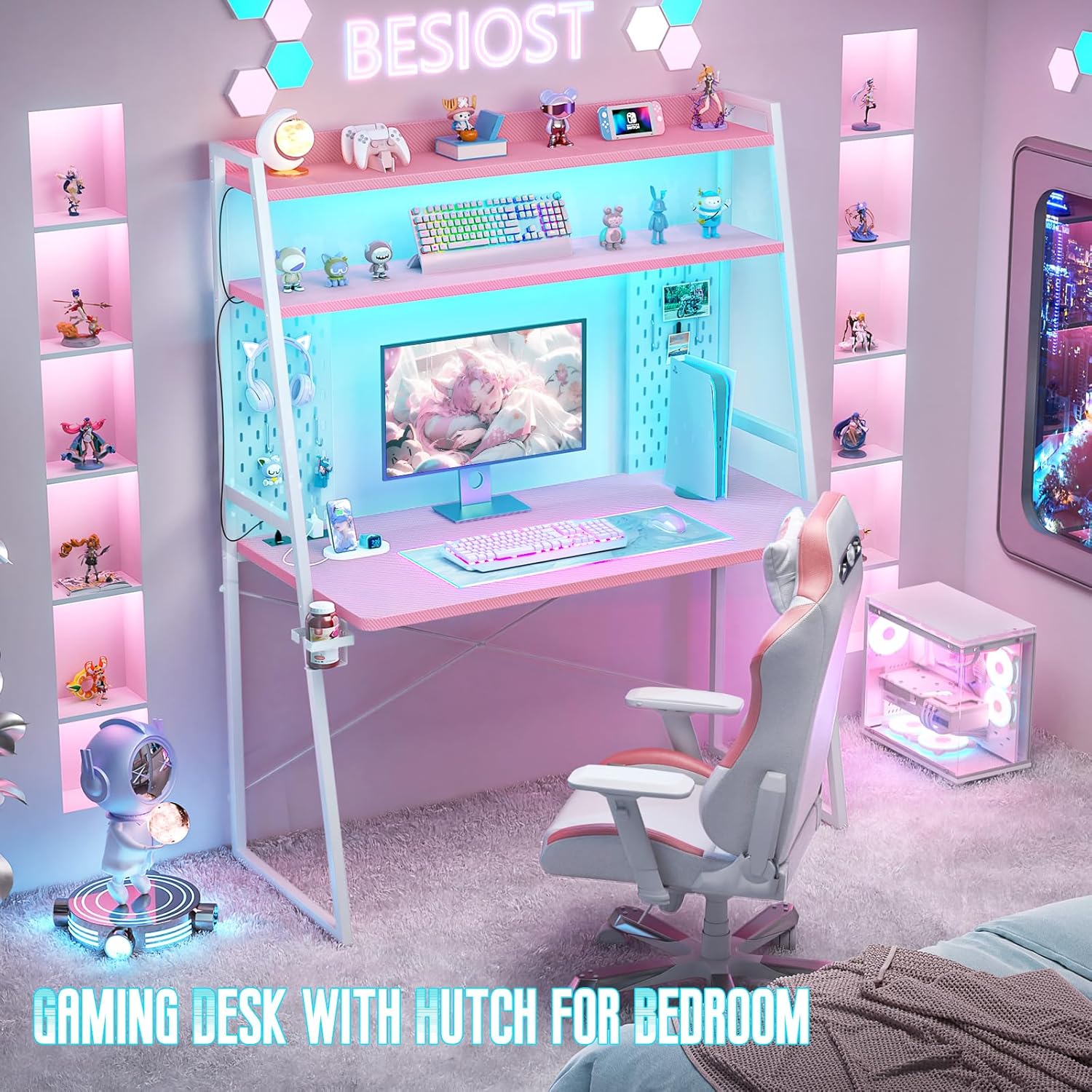 Small Gaming Desk with Hutch and LED Lights, Gaming Computer Desk with Power Outlets, Gamer Desk with Storage Shelves, Game Desks with Pegboards for Bedroom Small Spaces, Pink, 43"