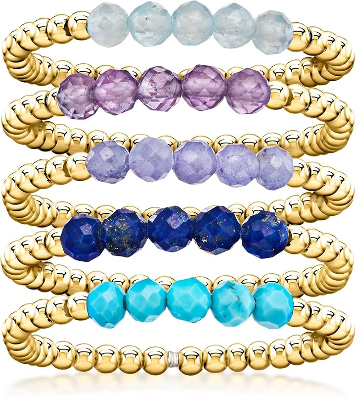 2.50 ct. t.w. Multi-Gemstone and 14kt Yellow Gold-Plated Jewelry Set: 5 Bead Stretch Rings