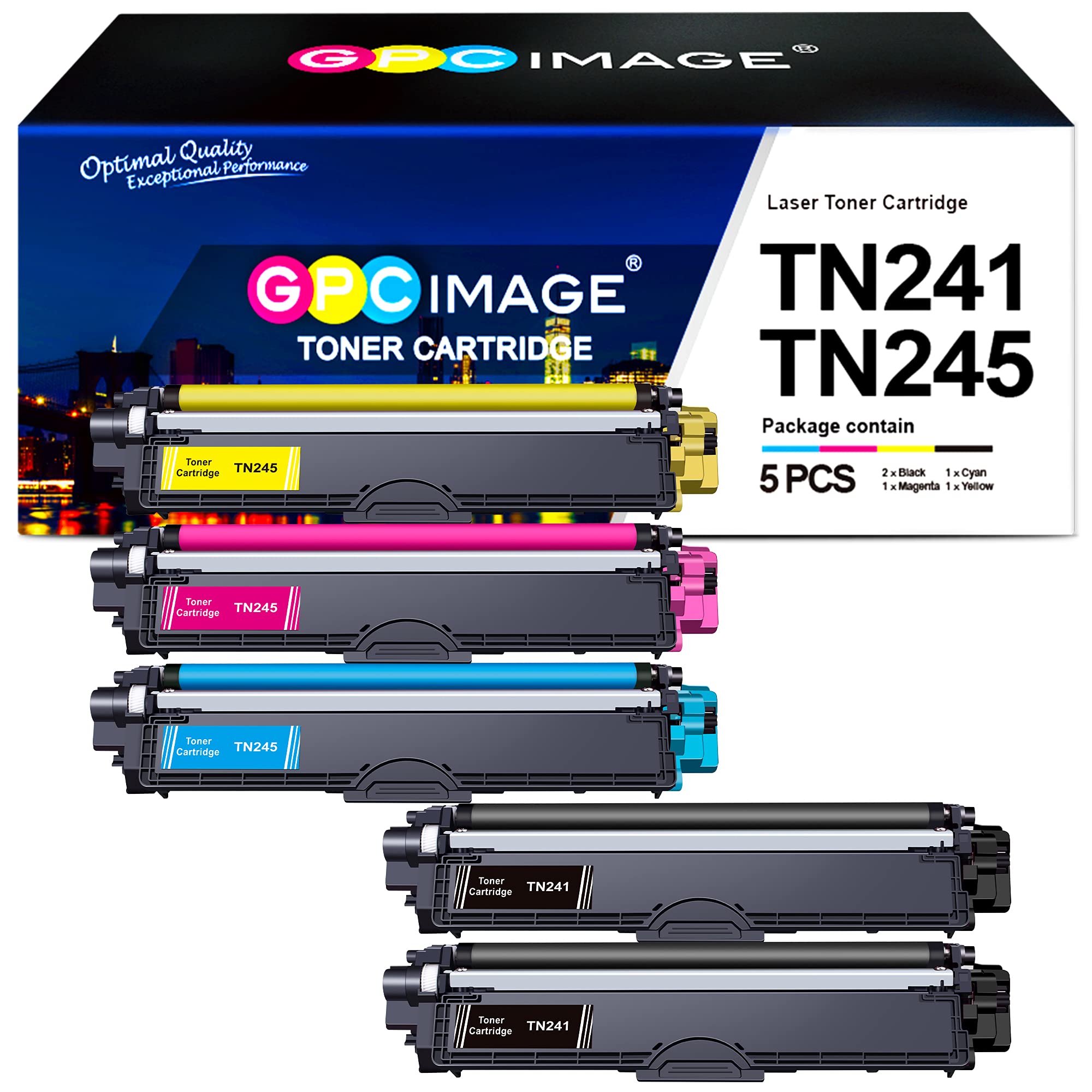 GPC ImageToner Cartridges Replacement for Brother TN241 TN245 Compatible with 9015CDW 9020CDW 9022CDW 3140CW 3142CW 3150CDN 3150CDW 3170CDW 9130CDN 9140CDN 9330CDW (Black Cyan Magenta Yellow, 5-Pack)