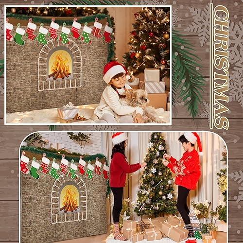 Miniatura 7 de 47 chimeneas de cartón de Navidad 3D de 39 x 35 pulgadas, chimenea artificial de Navidad con media llama de fuego, guirnalda de grano de madera,