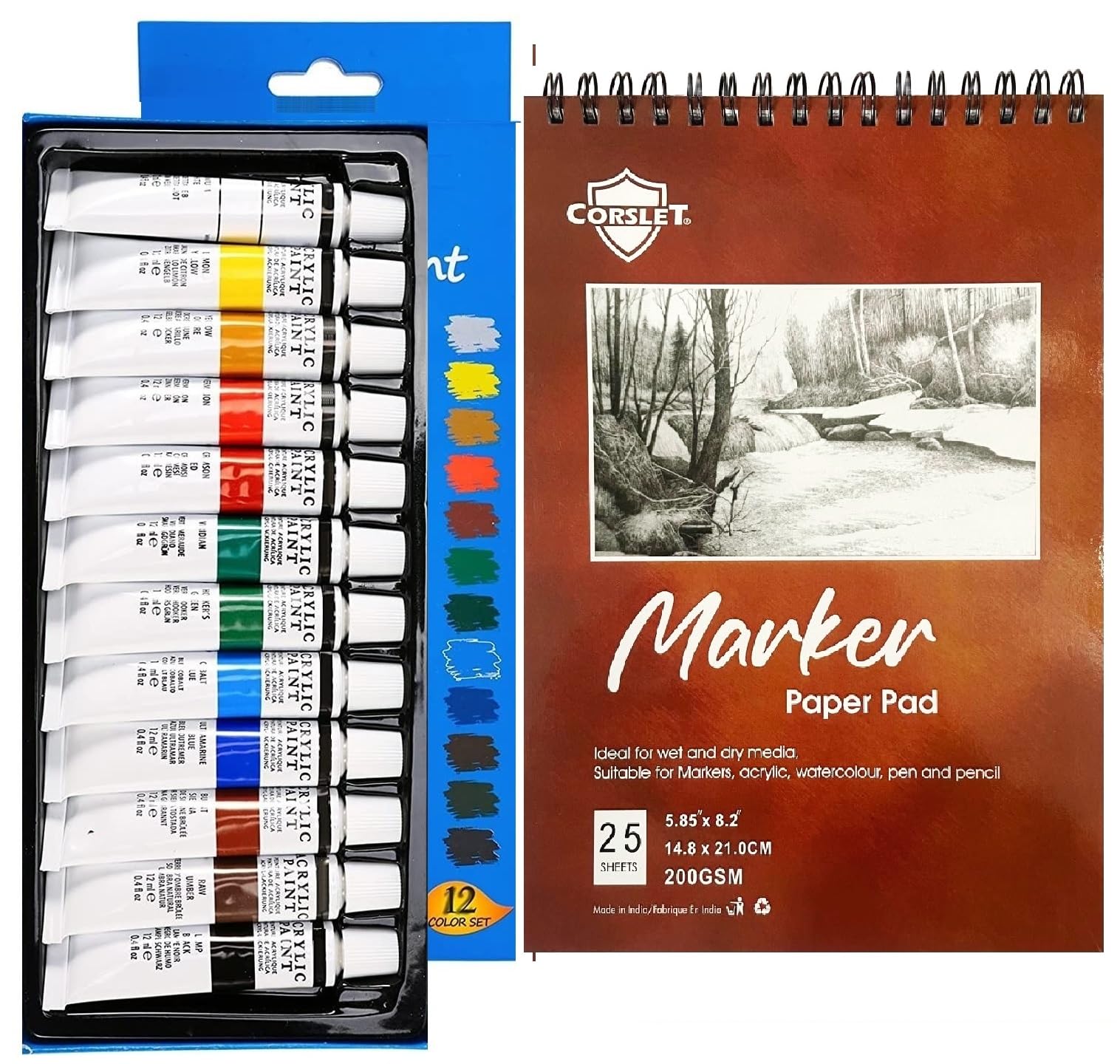 Corslet Professional Acrylic Paint Set 12ml Acrylic Colours 12 Pc with Acrylic Sketchbook DIY Paint, Rich Pigment | Multi-surface | Non-Cracking Paint for Canvas, Wood, Leather, Earthenware, Metal (B0D732GYYC) Amazon Price History, Amazon Price Tracker