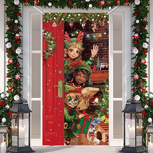 Cubierta de puerta de Navidad de elfo, divertida decoración de puerta de feliz Navidad, decoración de Santa Elfos, fiesta de Navidad, telón de fondo