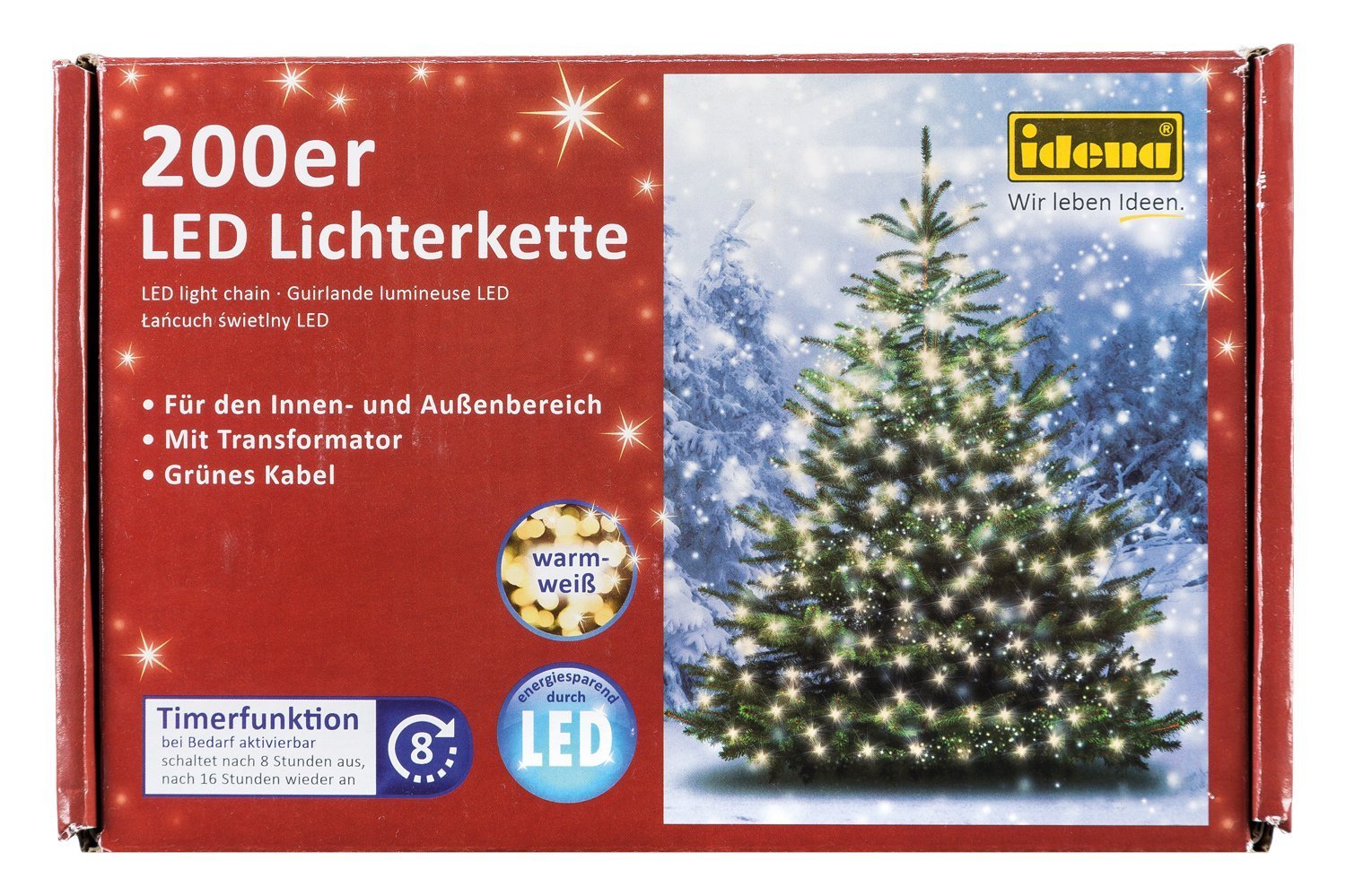 Idena LED Lichterkette für innen/außen, warm-weiß (200 LEDs, warm-weiß, 4)