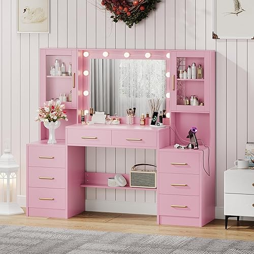 Miniatura 9 de Escritorio de maquillaje de 58.3 pulgadas con estación de carga, tocador de maquillaje rosa con espejo y luces, 3 modos de iluminación de brillo