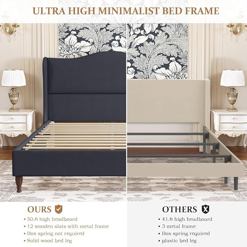 koorlian Queen Upholstered Bed Frame with 51'' Tall Headboard, Dark Navy image 6