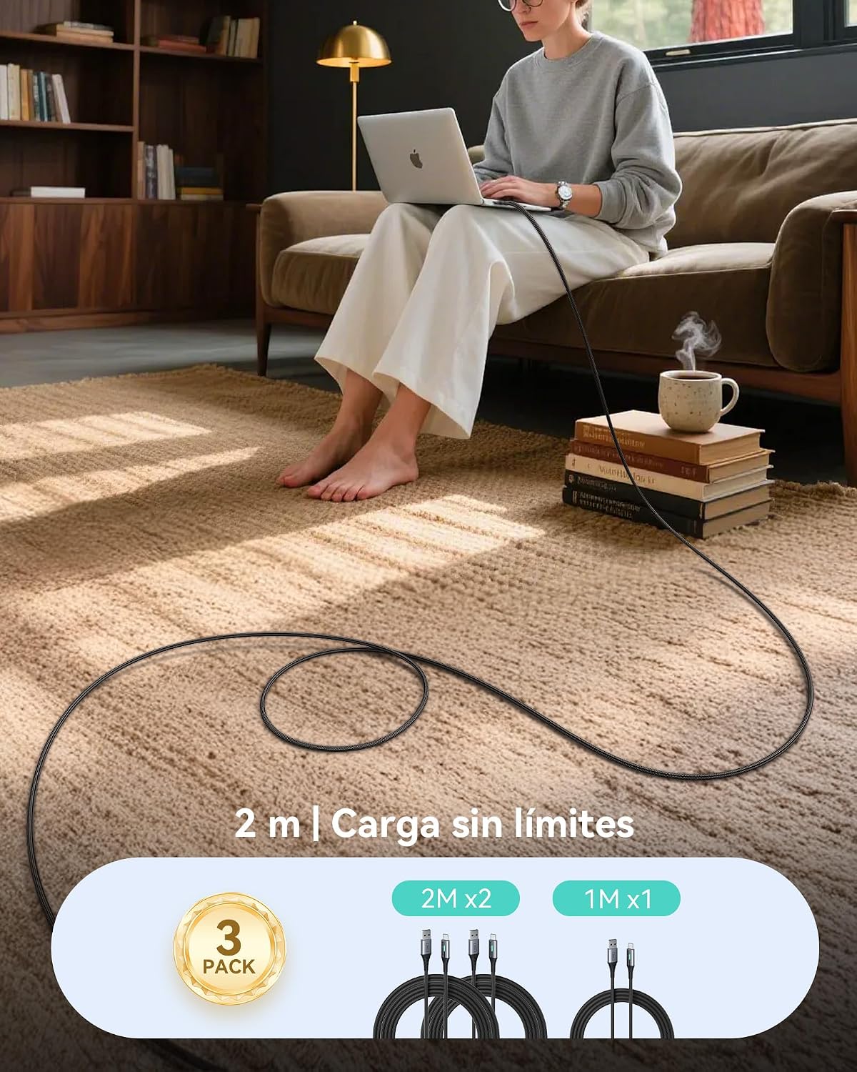 INIU Cable USB C, [3 Pack 3.1A] Cable Trenzado Nilón de Carga Rápida QC3.0 Cable USB Tipo C, [2m+2m+0,5m] Cable Sincronización de Datos para iPhone 17 16 Samsung S25 Google 10 Switch 2, Xiaomi Redmi 4