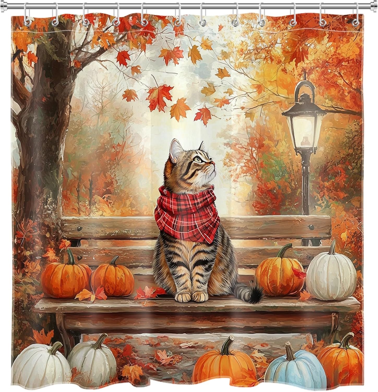 Fall Cat Shower Curtain Set Orange Maple Tree and Pumpkin Nature Forest Shower Curtains with 12 Hooks and Memory Foam Bathroom Rugs Autumn Thanksgiving Washable Bath Curtains Shower Set