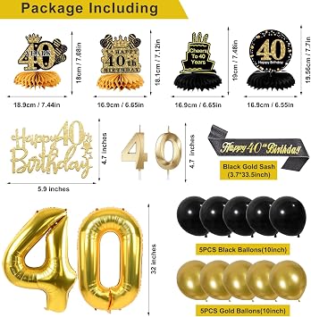 27pcs 40th Birthday Decorations for Men, Black Gold 40th Party Decorations, Happy 40th Birthday Banner Honeycomb Table Hanging Swirls Cake Topper and Balloons,40 years old birthday decorations