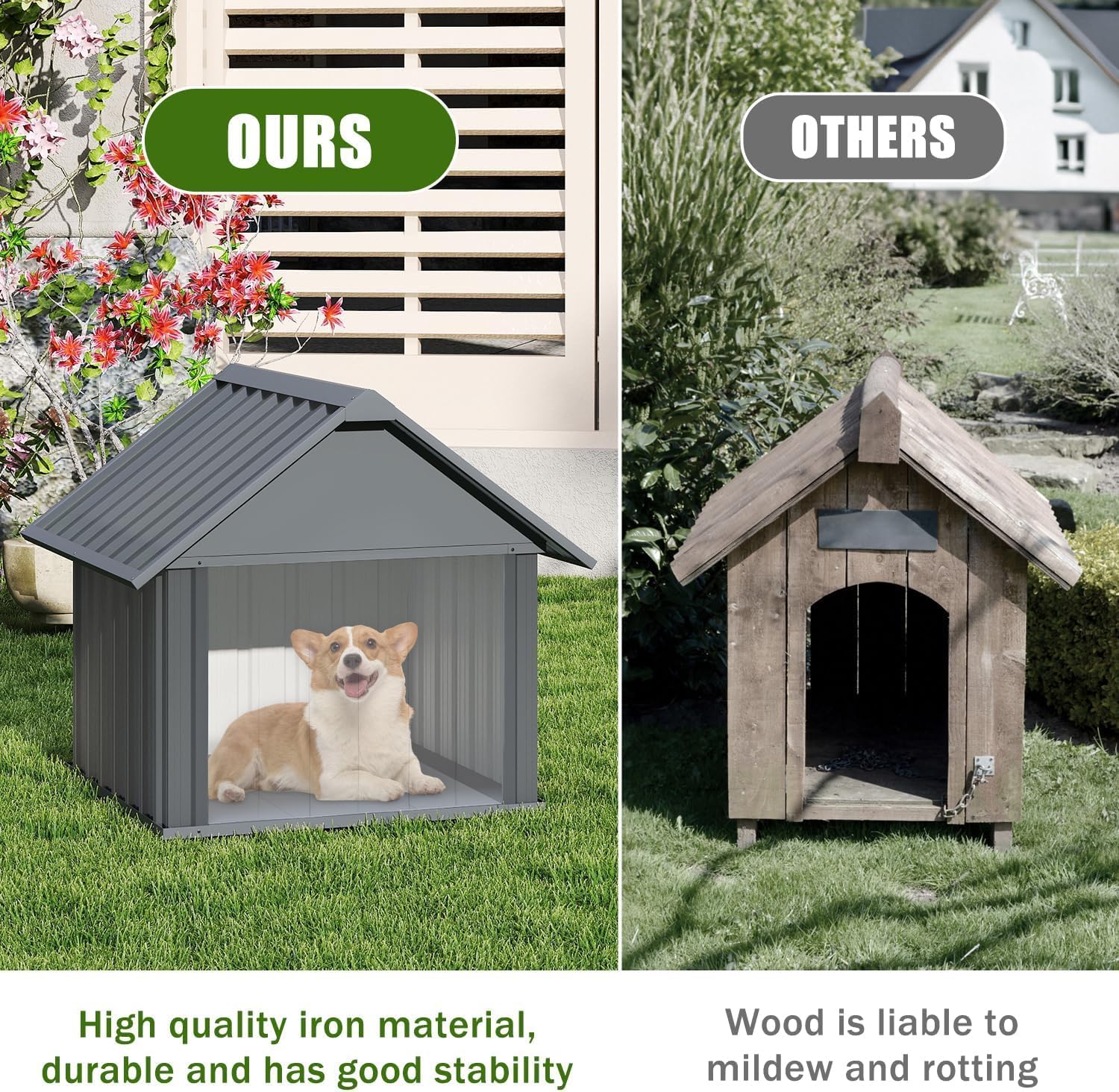Erinnyees 30 Inch Dog House Outdoor with Door Curtain, Weatherproof Puppy Shelter for Medium Large Dogs with Anti-Chewing Iron Frame, Sturdy and Long-Lasting Dog Tent