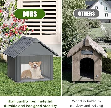 Erinnyees 30 Inch Dog House Outdoor with Door Curtain, Weatherproof Puppy Shelter for Medium Large Dogs with Anti-Chewing Iron Frame, Sturdy and Long-Lasting Dog Tent