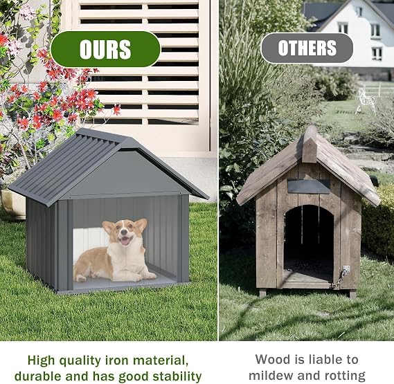 Erinnyees 30 Inch Dog House Outdoor with Door Curtain, Weatherproof Puppy Shelter for Medium Large Dogs with Anti-Chewing Iron Frame, Sturdy and Long-Lasting Dog Tent