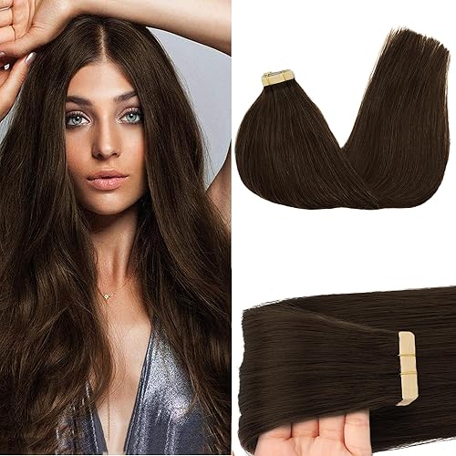 GOO GOO Tape in Hair Extensions Human Hair, 4A Chocolate Brown, 24inch 50g 20pcs, Skin Weft Seamless Invisible, Silky Straight with Thick Ends, Remy Human Hair