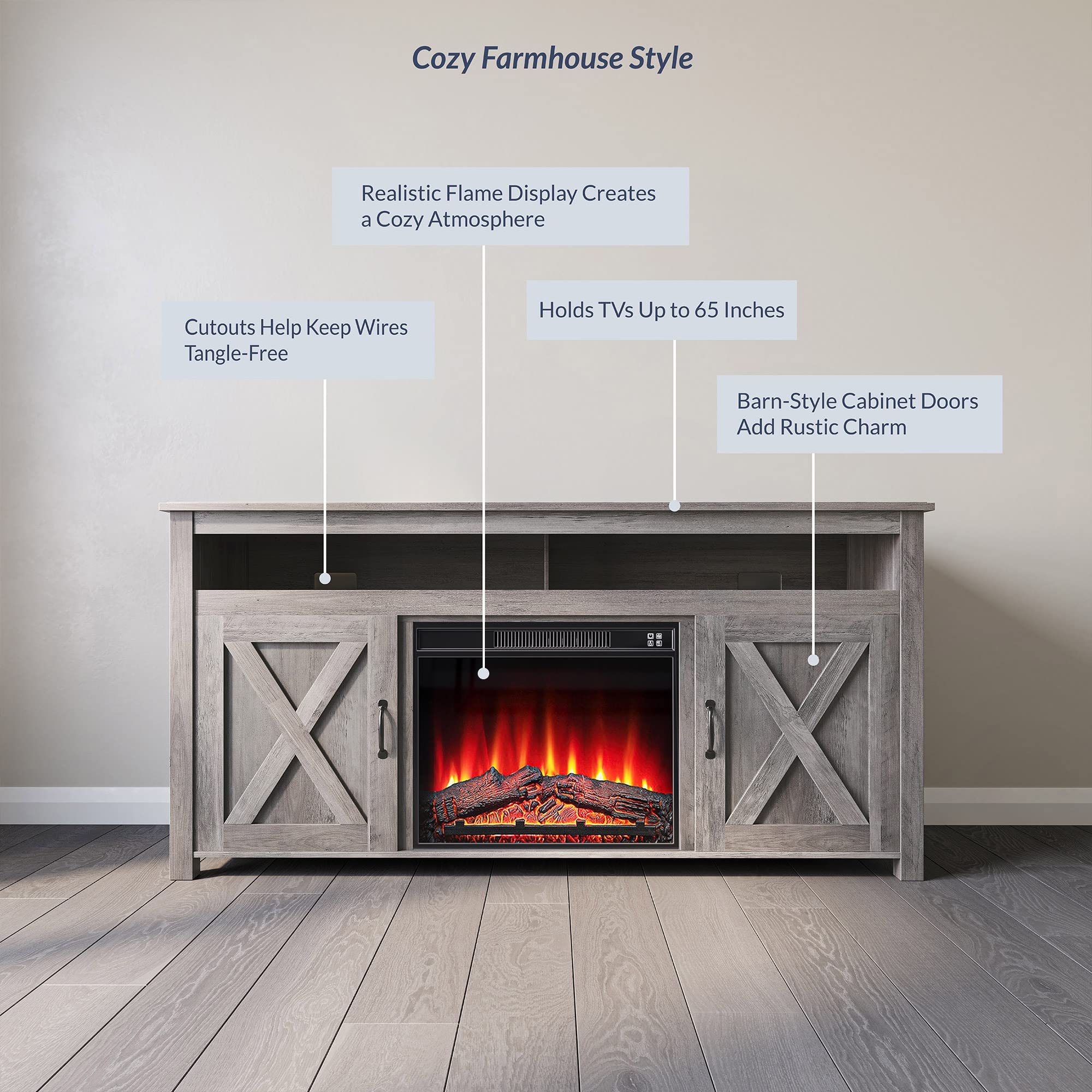 BELLEZE Modern 58 Inch Barn Door Wood Electric Fireplace TV Stand