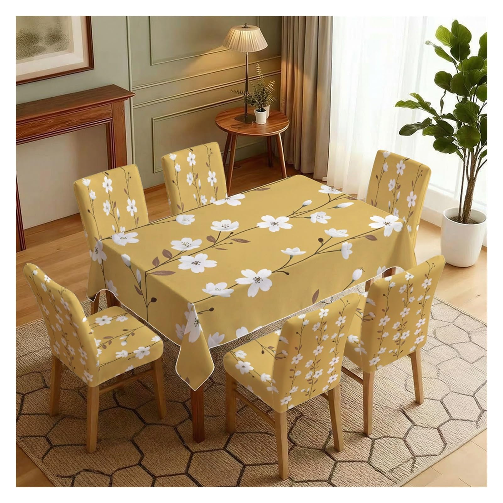 KXUAUV Mustard Yellow & White Cherry Blossom Print Stretch Chair Covers & Tablecloth Set, For Dining Room Kitchen Spring Tea Party Decor, 5/7 Pack Party Decor(7pcs Set: Tablecloth+Chair Covers)
